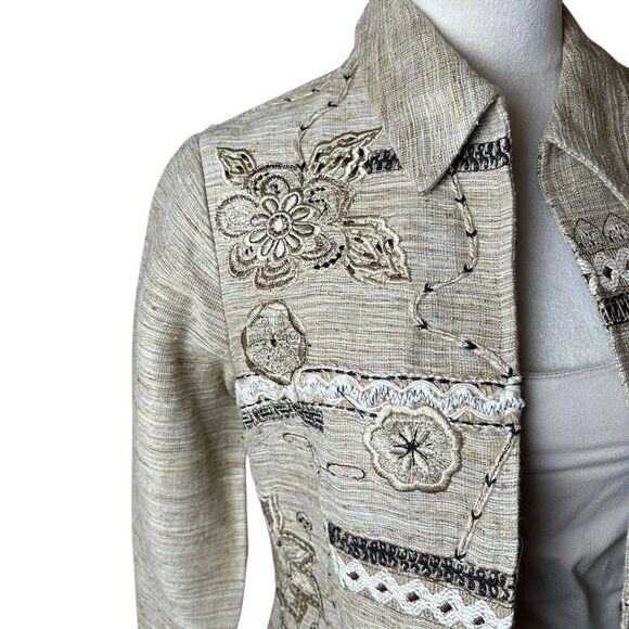 Coldwater Creek Embroidered Floral Textured Linen Jute Jacket Blazer Petite XS - Picture 4 of 13